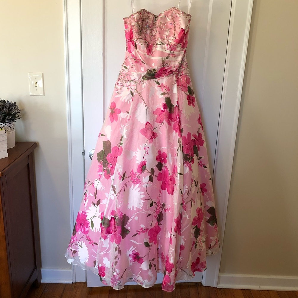 Tiffany Pink Floral Strapless Prom Dress, sz 10